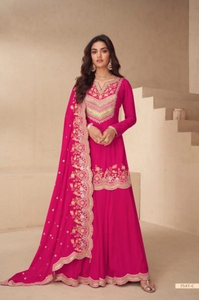 Sleek Rani Pink Real Chinon Heavy Embroidered Palazzo Suit for Festive Wear Designer Plazzo Salwar Suits Wholesale