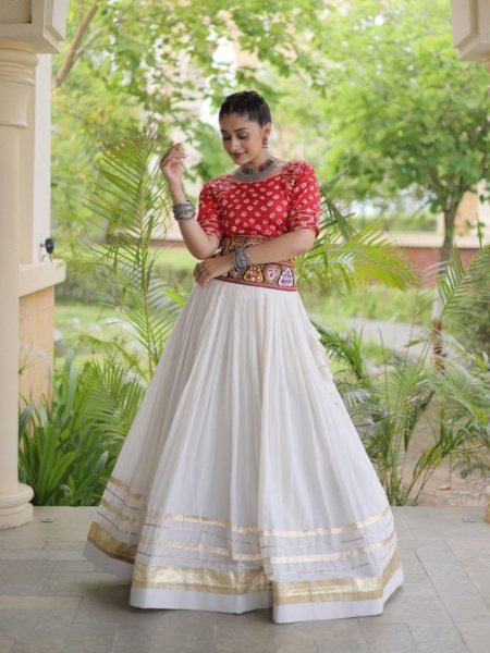 Sleek Red Boutique Cora Cotton Lehenga Set with Gamthi Embroidery Work For Navrati  Lehenga