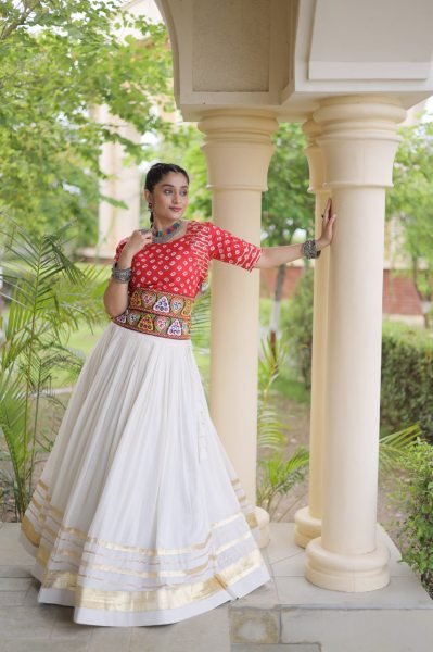 Sleek Red Boutique Cora Cotton Lehenga Set with Gamthi Embroidery Work For Navrati Navratri Lehnega Choli