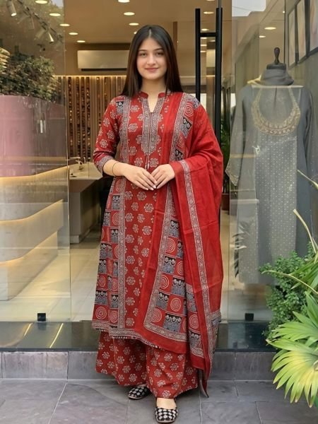 Sleek Red Designer Cotton Anarkali Kurti Set with Malmal Dupatta at Wholesale Rate 