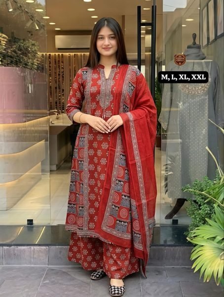 Sleek Red Designer Cotton Anarkali Kurti Set with Malmal Dupatta at Wholesale Rate Anarkali Kurtis 