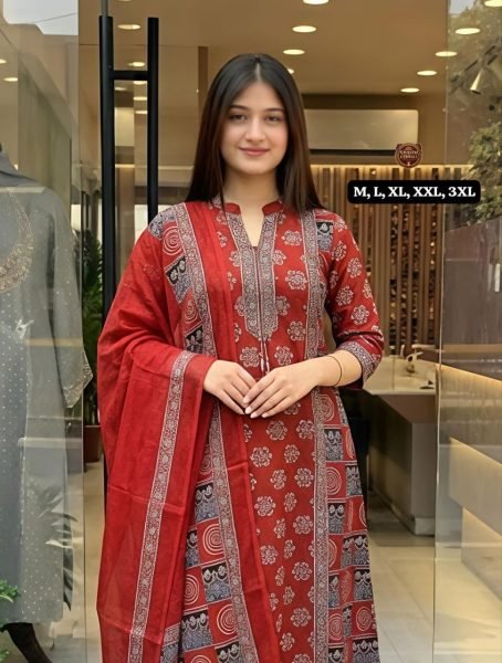 Sleek Red Designer Cotton Anarkali Kurti Set with Malmal Dupatta at Wholesale Rate Anarkali Kurtis 