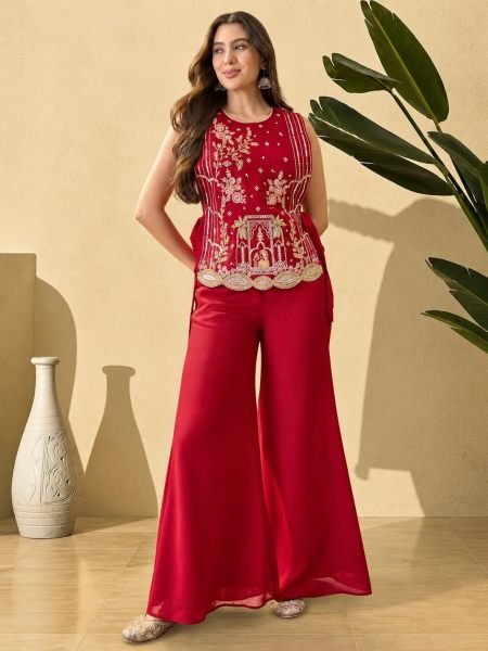 Sleek Red Designer Vichitra Kurti Palazzo Set with Embroidery Work for Festival 