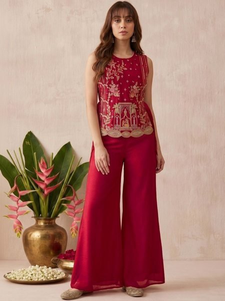 Sleek Red Designer Vichitra Kurti Palazzo Set with Embroidery Work for Festival 3 Piece Kurti Set