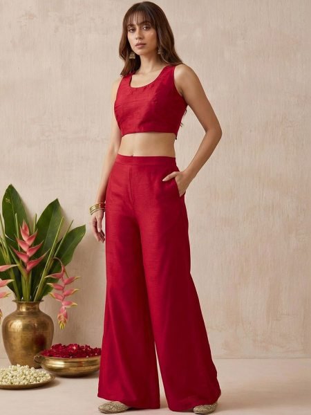 Sleek Red Designer Vichitra Kurti Palazzo Set with Embroidery Work for Festival 3 Piece Kurti Set