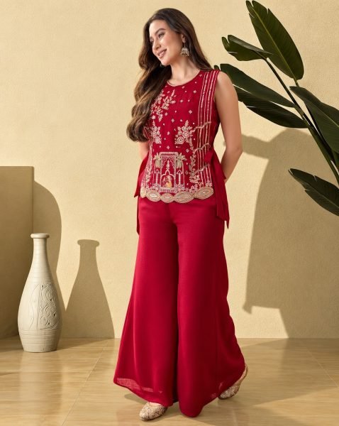 Sleek Red Designer Vichitra Kurti Palazzo Set with Embroidery Work for Festival 3 Piece Kurti Set