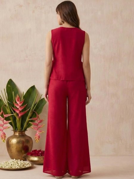 Sleek Red Designer Vichitra Kurti Palazzo Set with Embroidery Work for Festival 3 Piece Kurti Set