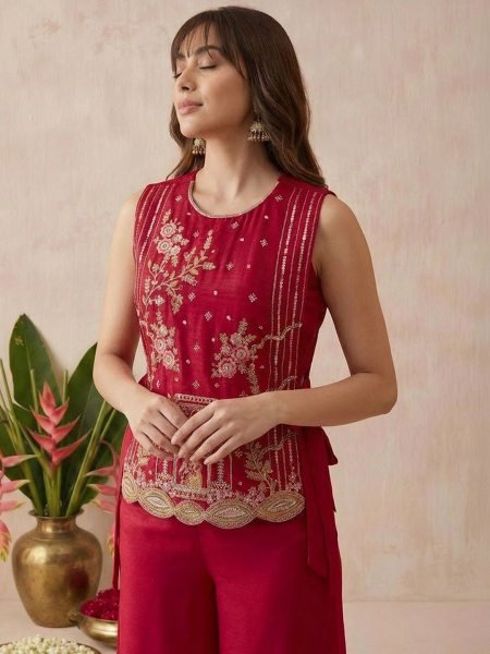 Sleek Red Designer Vichitra Kurti Palazzo Set with Embroidery Work for Festival 3 Piece Kurti Set