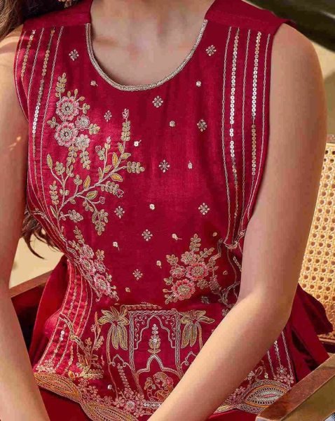 Sleek Red Designer Vichitra Kurti Palazzo Set with Embroidery Work for Festival 3 Piece Kurti Set