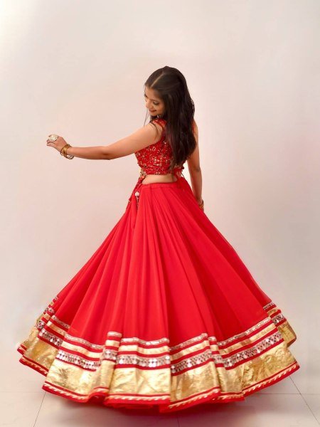 Sleek Red Fully Stitched Faux Georgette Lehenga Choli with Real Mirror Work at Wholesale Rate Designer Lehenga Choli