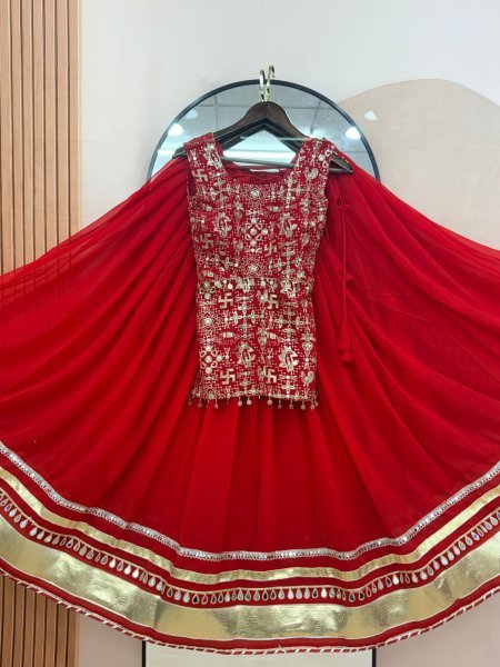 Sleek Red Fully Stitched Faux Georgette Lehenga Choli with Real Mirror Work at Wholesale Rate Designer Lehenga Choli
