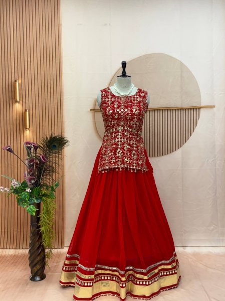 Sleek Red Fully Stitched Faux Georgette Lehenga Choli with Real Mirror Work at Wholesale Rate Designer Lehenga Choli