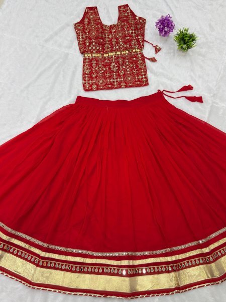 Sleek Red Fully Stitched Faux Georgette Lehenga Choli with Real Mirror Work at Wholesale Rate Designer Lehenga Choli