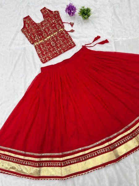 Sleek Red Fully Stitched Faux Georgette Lehenga Choli with Real Mirror Work at Wholesale Rate Designer Lehenga Choli