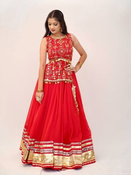 Sleek Red Fully Stitched Faux Georgette Lehenga Choli with Real Mirror Work at Wholesale Rate Designer Lehenga Choli