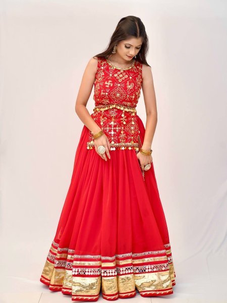 Sleek Red Fully Stitched Faux Georgette Lehenga Choli with Real Mirror Work at Wholesale Rate Designer Lehenga Choli