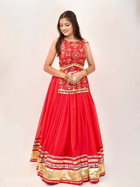 Sleek Red Fully Stitched Faux Georgette Lehenga Choli with Real Mirror Work at Wholesale Rate Designer Lehenga Choli