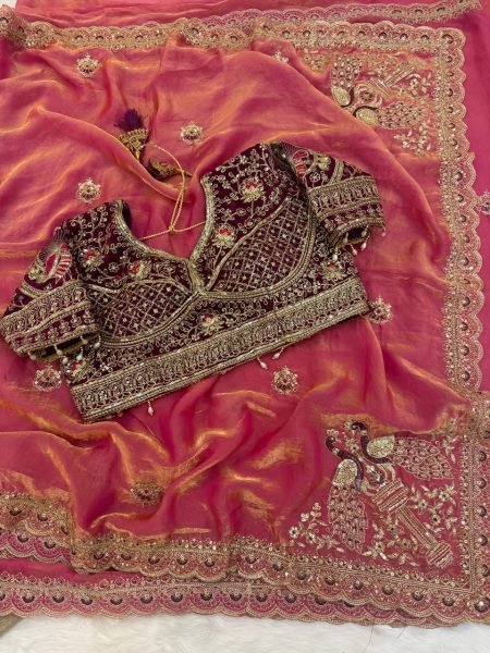 Sleek Rose Pink Space Satin Saree with Designer Embroidery For Party Wear Embroidery Sarees Wholesale