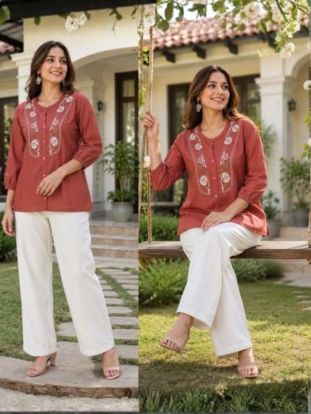 Sleek Rust Party Wear Rayon Slub Top with Khadi Cotton Bottom at Wholesale Rate Kurtis