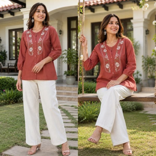 Sleek Rust Party Wear Rayon Slub Top with Khadi Cotton Bottom at Wholesale Rate Tunics kurti