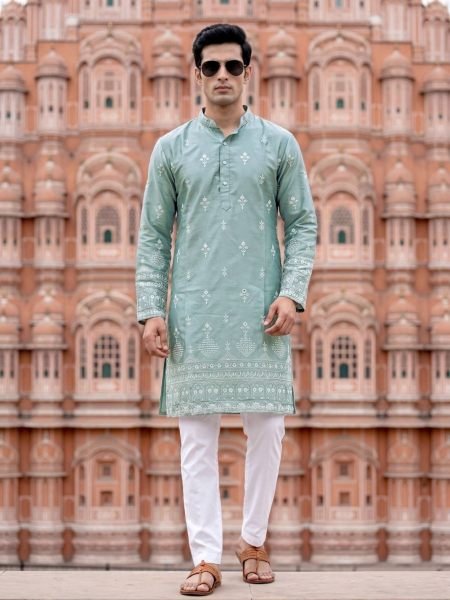 Radiant Sage Green Malai Silk Men s Kurta with Heavy Embroidery and Sequins Work For Wholesale Rate 