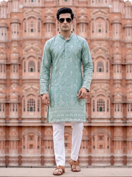 Radiant Sage Green Malai Silk Men s Kurta with Heavy Embroidery and Sequins Work For Wholesale Rate Kurta Pajama Wholesale