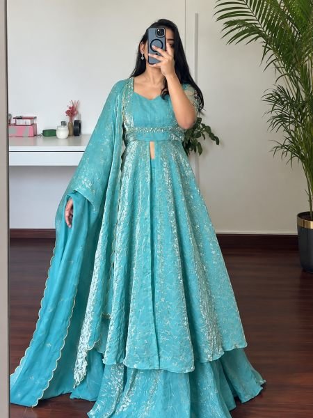 Sleek Sky Blue Fendy Crush Front Slit Anarkali Suit with Palazzo and Dupatta at Wholesale Rate Ready To Wear Suit