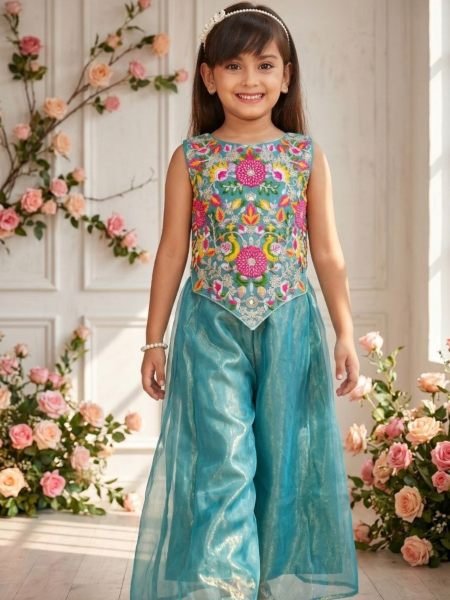 Sleek Sky Blue Kids Twill Net Sharara Set with Embroidered Kurta for Wedding 