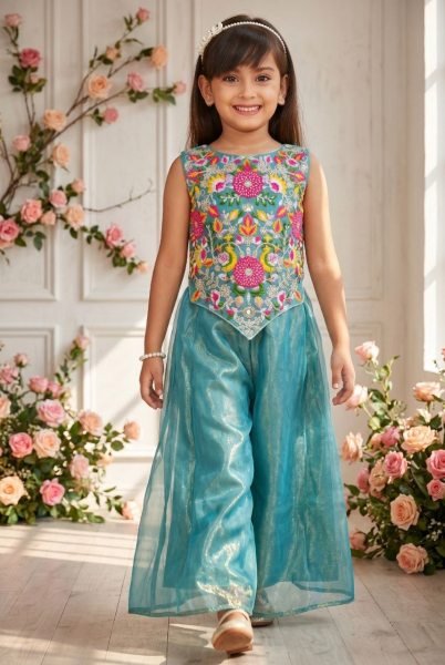 Sleek Sky Blue Kids Twill Net Sharara Set with Embroidered Kurta for Wedding Girls Wear