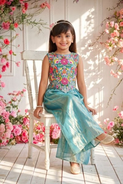 Sleek Sky Blue Kids Twill Net Sharara Set with Embroidered Kurta for Wedding Girls Wear