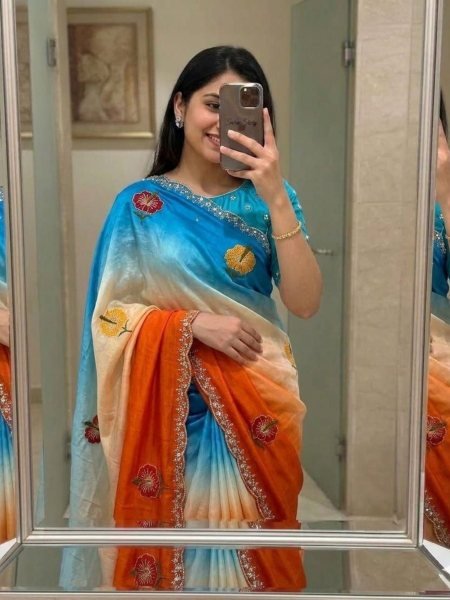 Sleek Sky Blue Orange Mirror Work Saree with Embroidery for Traditional Functions Sarees 