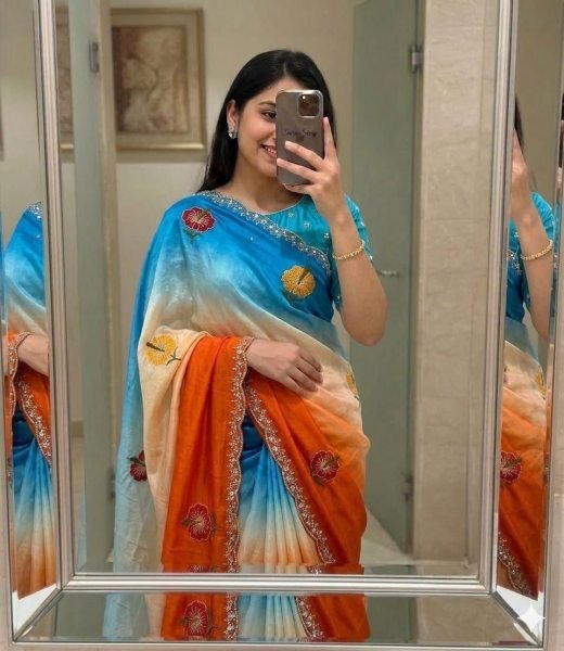 Sleek Sky Blue Orange Mirror Work Saree with Embroidery for Traditional Functions Silk Sarees Wholesale