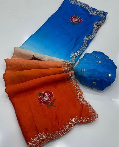 Sleek Sky Blue Orange Mirror Work Saree with Embroidery for Traditional Functions Silk Sarees Wholesale