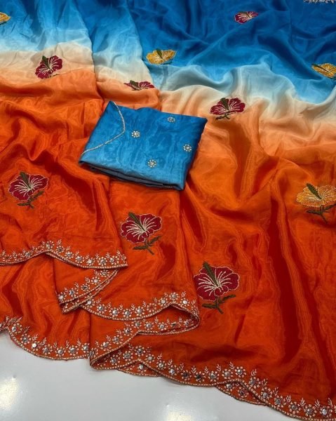 Sleek Sky Blue Orange Mirror Work Saree with Embroidery for Traditional Functions Silk Sarees Wholesale