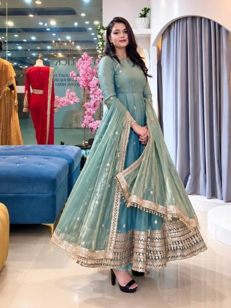 Sleek Sky Blue Designer Fendy Silk Gown with Heavy Sequin Embroidery at Wholesale Rate Ready To Wear Suit