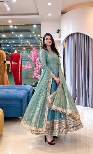 Sleek Sky Blue Designer Fendy Silk Gown with Heavy Sequin Embroidery at Wholesale Rate Ready To Wear Collection