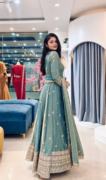 Sleek Sky Blue Designer Fendy Silk Gown with Heavy Sequin Embroidery at Wholesale Rate Ready To Wear Collection