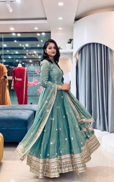 Sleek Sky Blue Designer Fendy Silk Gown with Heavy Sequin Embroidery at Wholesale Rate Ready To Wear Collection