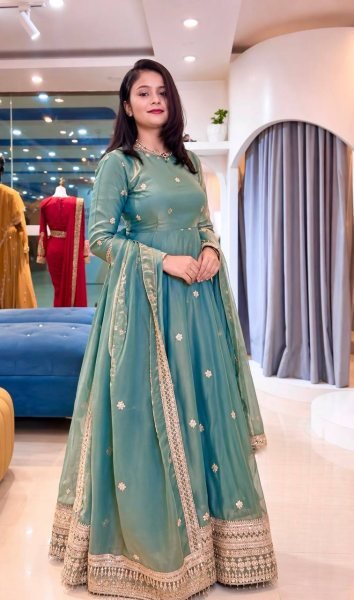 Sleek Sky Blue Designer Fendy Silk Gown with Heavy Sequin Embroidery at Wholesale Rate Ready To Wear Collection