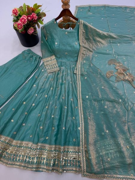 Sleek Sky Blue Designer Fendy Silk Gown with Heavy Sequin Embroidery at Wholesale Rate Ready To Wear Collection