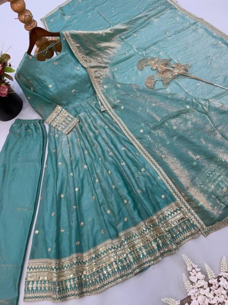 Sleek Sky Blue Designer Fendy Silk Gown with Heavy Sequin Embroidery at Wholesale Rate Ready To Wear Collection