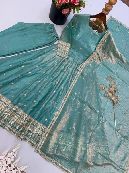 Sleek Sky Blue Designer Fendy Silk Gown with Heavy Sequin Embroidery at Wholesale Rate Ready To Wear Collection