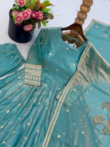 Sleek Sky Blue Designer Fendy Silk Gown with Heavy Sequin Embroidery at Wholesale Rate Ready To Wear Collection