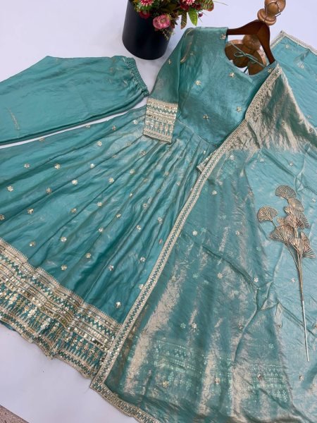 Sleek Sky Blue Designer Fendy Silk Gown with Heavy Sequin Embroidery at Wholesale Rate Ready To Wear Collection