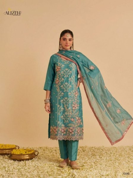 Sleek Teal Blue Shimmer Silk Kurta Pant Dupatta Set for Wedding Wear Pakistani Suits Wholesale