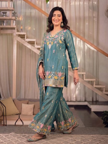 Sleek Teal Green Satin Kurti Palazzo Set with Full Sleeves At An Affordable Price 