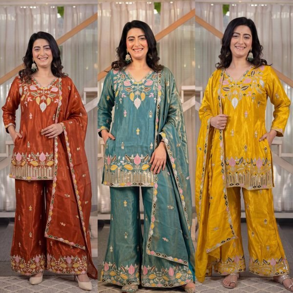 Sleek Teal Green Satin Kurti Palazzo Set with Full Sleeves At An Affordable Price Ready To Wear Collection