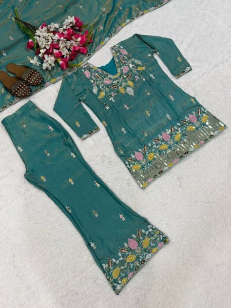 Sleek Teal Green Satin Kurti Palazzo Set with Full Sleeves At An Affordable Price Ready To Wear Collection