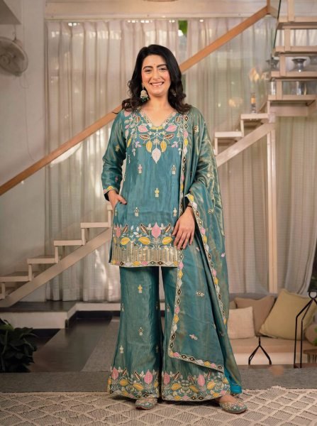 Sleek Teal Green Satin Kurti Palazzo Set with Full Sleeves At An Affordable Price Ready To Wear Collection