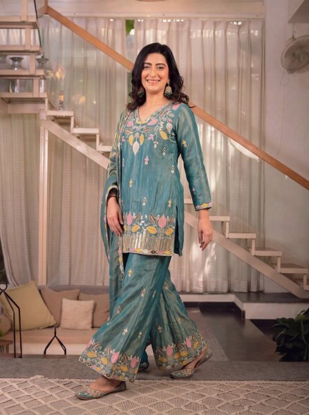 Sleek Teal Green Satin Kurti Palazzo Set with Full Sleeves At An Affordable Price Ready To Wear Collection